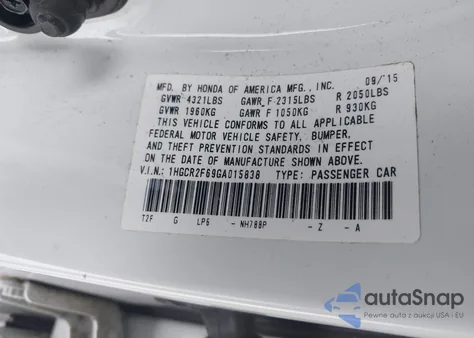 2016 Honda Accord Sport z USA, uszkodzony, nr VIN 1HGCR2F69GA015838